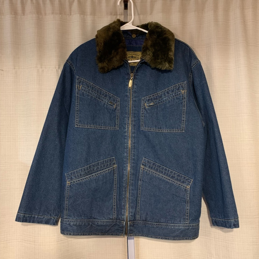 Liz Claiborne Blue Denim Jacket with Brown Faux Fur Collar